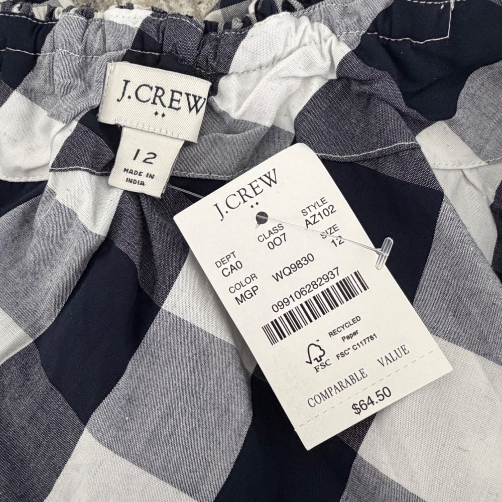 NEW J. Crew Gingham One Shoulder Ruffle Top Black White Cotton Stretch 12 NWT - Picture 9 of 15